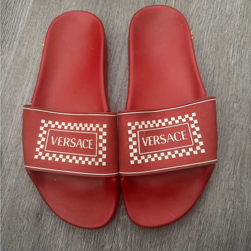 Versace Red Slides with Gold Accents